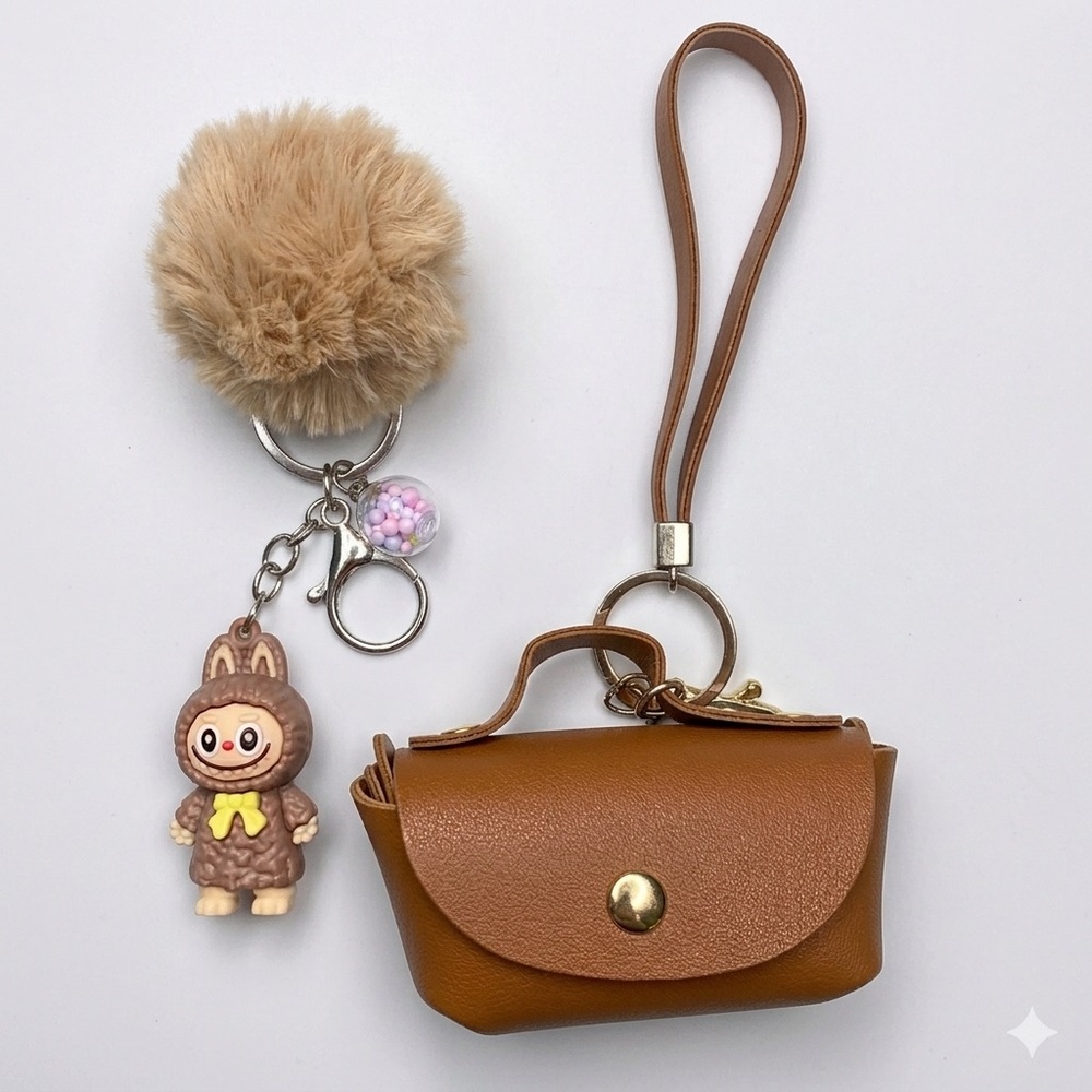 Tan Faux Leather Mini Purse Keychain with Pom Pom and Monster Character Charm